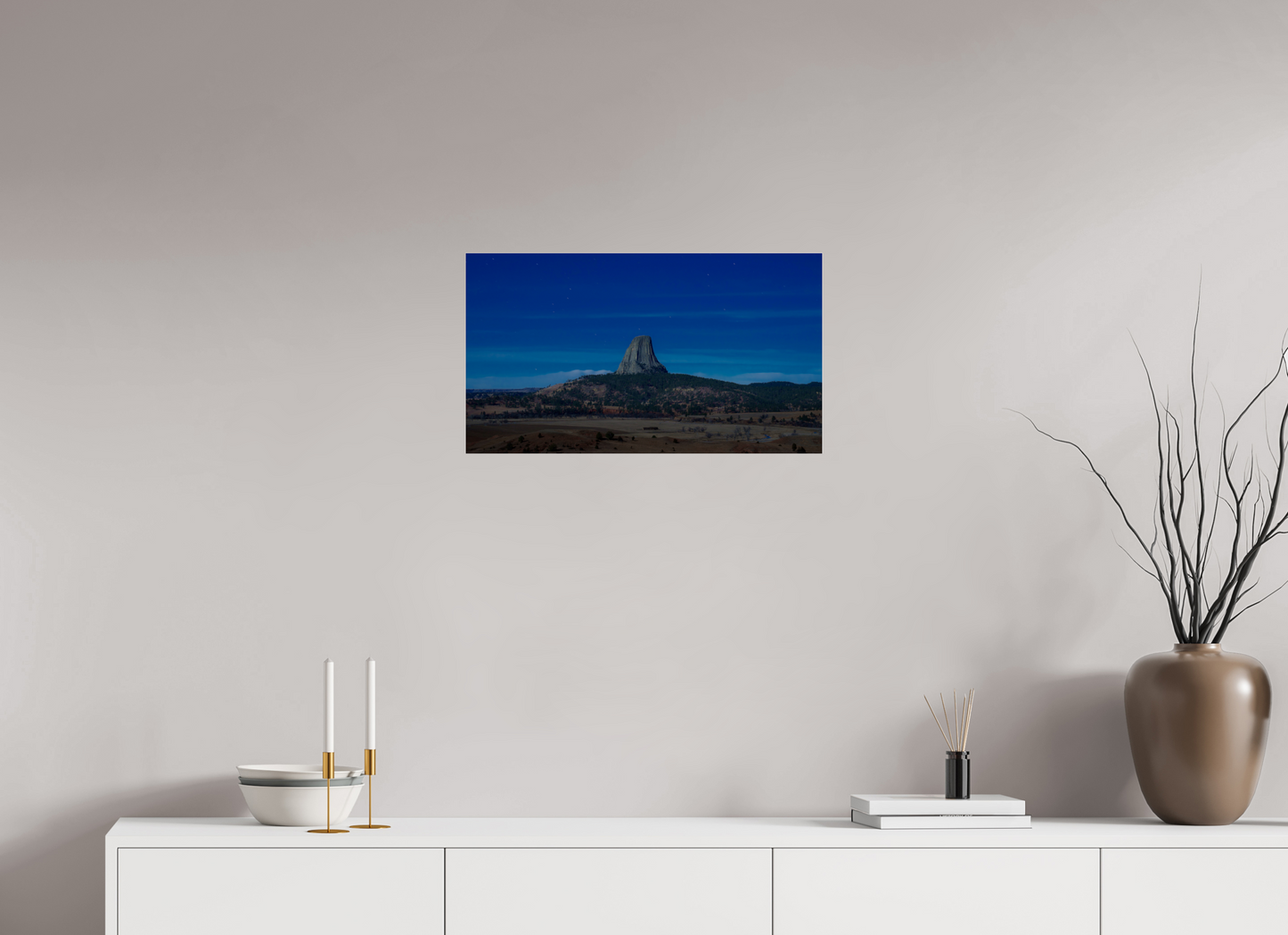 24 x 13.5″, Photo Print Under Acrylic Glass Devil's Tower Under a Full Moon