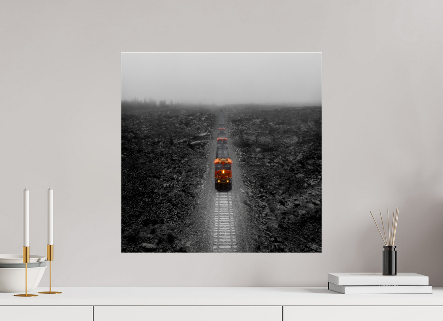 20 x 20″, Photo Print Under Acrylic Glass Train in the Lava Lands