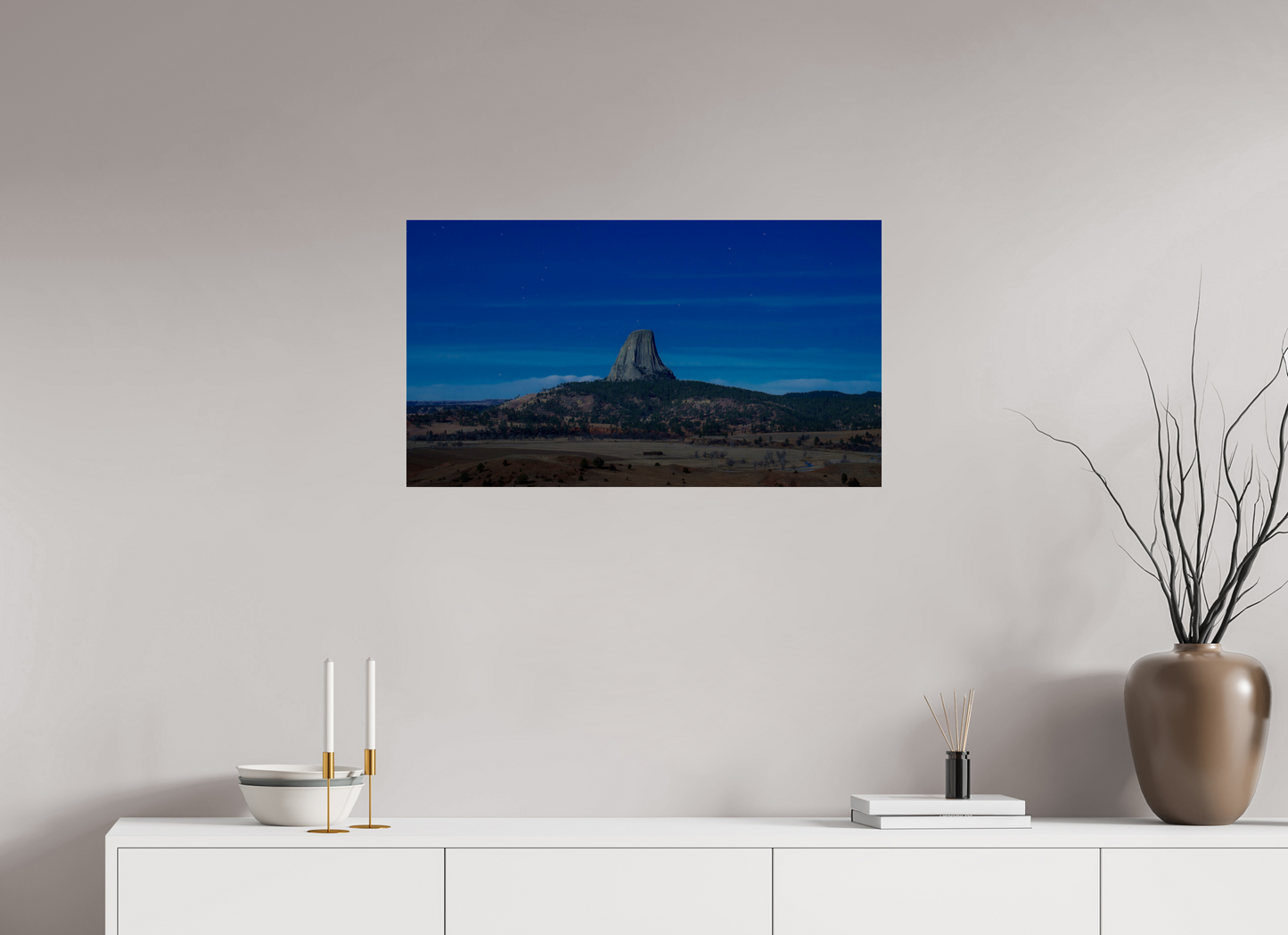 32 x 18″, Photo Print Under Acrylic Glass Devil's Tower Under a Full Moon